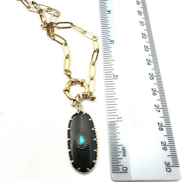 Black Onyx Turquoise Gemstone Pendant Necklace 18K Gold Plated Chain 17 Inch - Picture 8 of 9